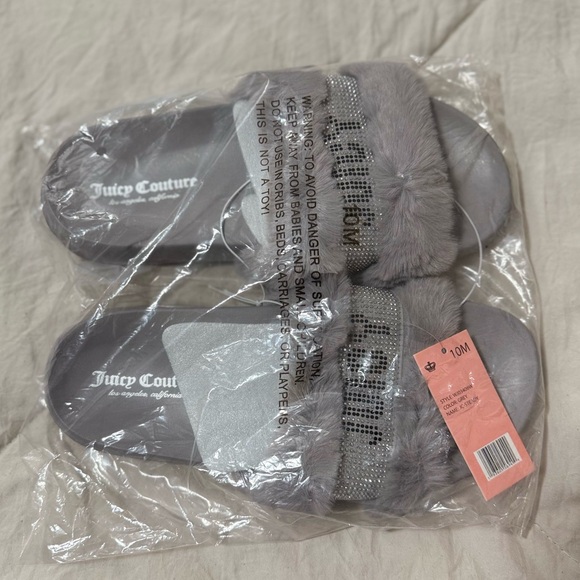 Juicy Couture Steady Grey Faux Fur Rhinestones Women’s Slide Slippers Size 10 - Picture 5 of 5